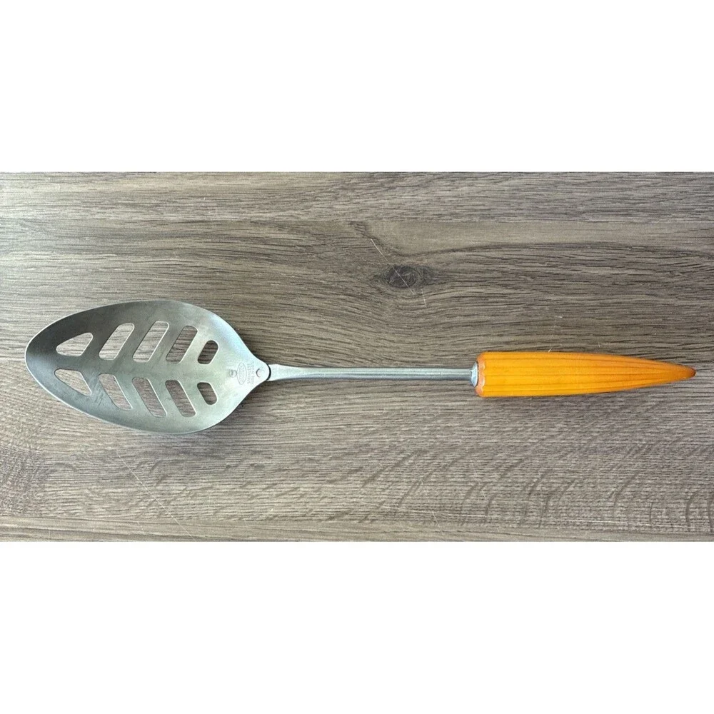Vtg Androck Slotted Serving Spoon, Catalin Bullet Handle Stainless, USA, 1930s